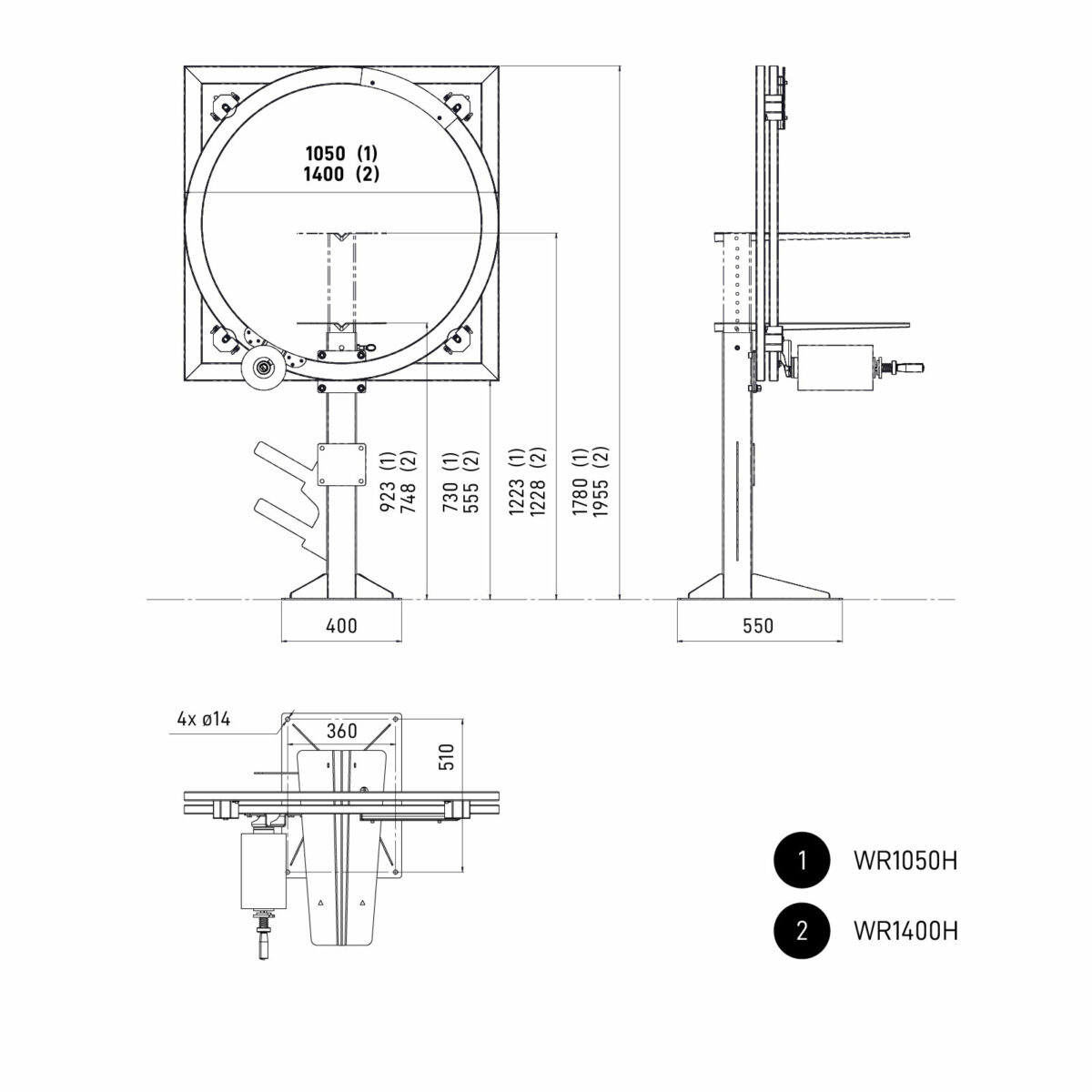 Dimensions of the OVINATOR, WR1050H and WR1400H wrapping machine