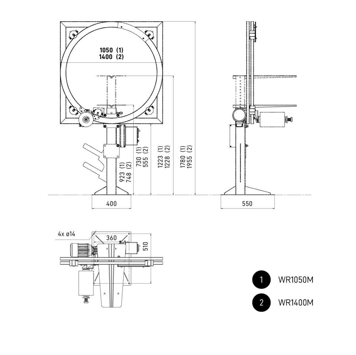 Dimensions of the OVINATOR, WR1050M and WR1400M wrapping machine