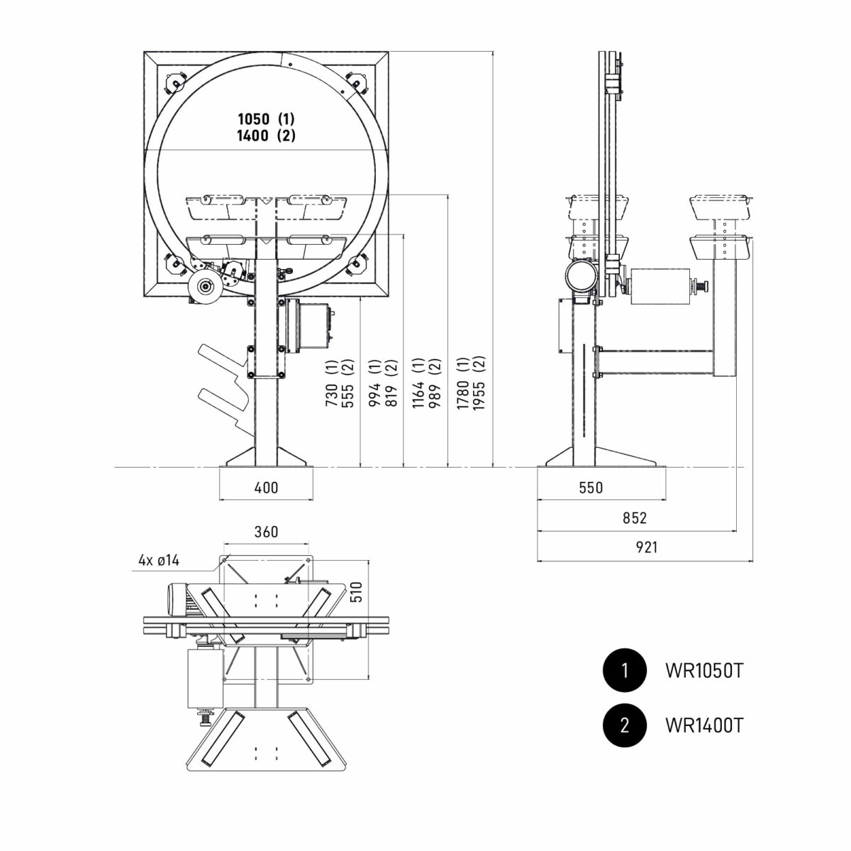 Dimensions of the OVINATOR, WR1050T and WR1400T wrapping machine